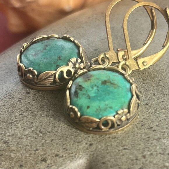 African Turquoise Earrings, Antiqued Brass Floral Setting, Boho Drop Earrings - Picture 4 of 5